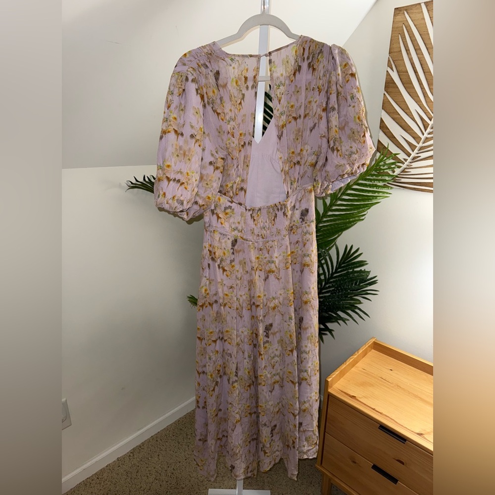 ALLSAINTS Aspen Momo Dress Womens  Lavender Floral Midi V-Neck Open Back‎ 4 - Picture 5 of 6
